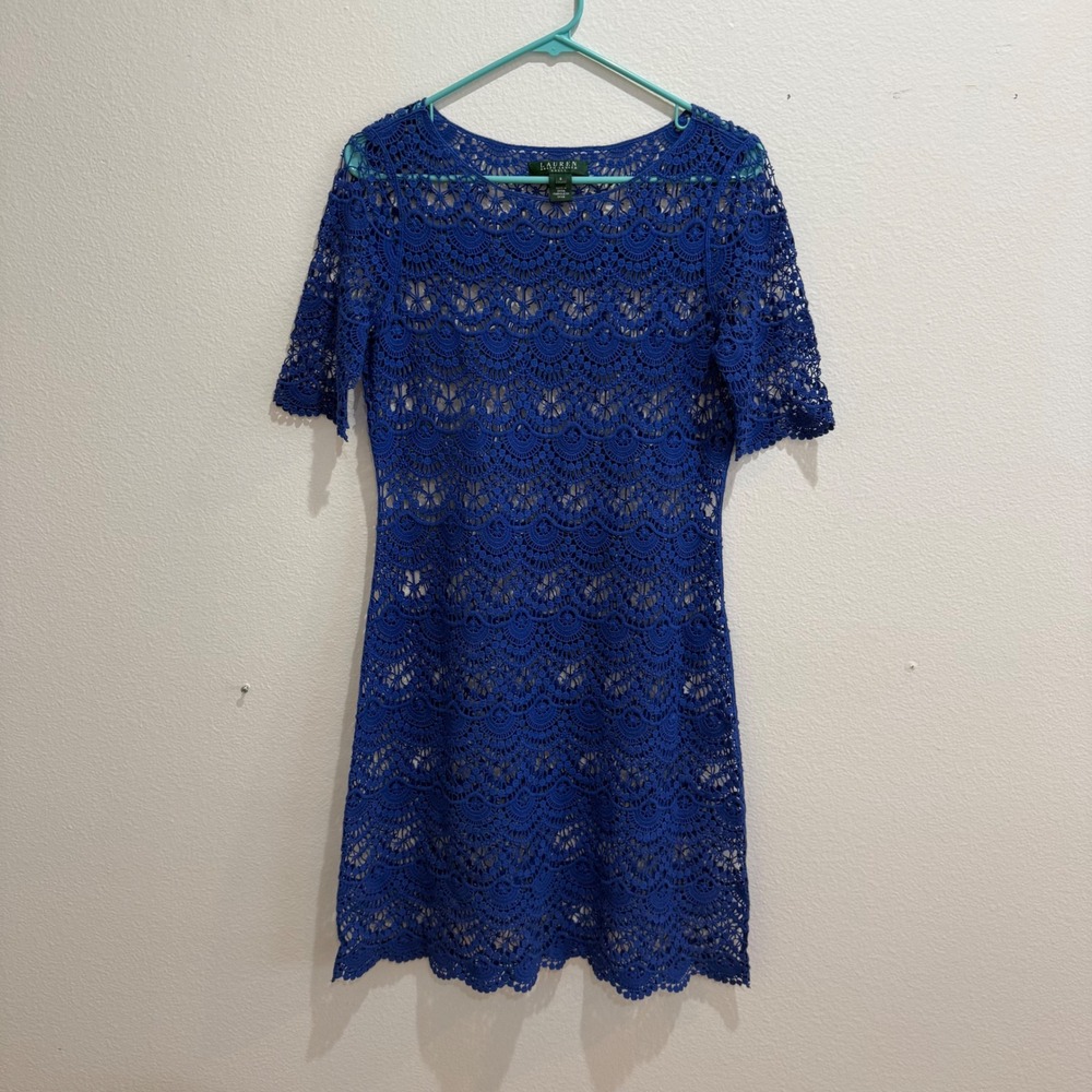 Lauren Ralph Lauren Royal Blue Crochet Lace Sheath Dress Short Sleeve Small